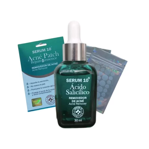 sérum 10 con ácido salicílico y parches antiacné para limpiar poros y reducir imperfecciones faciales